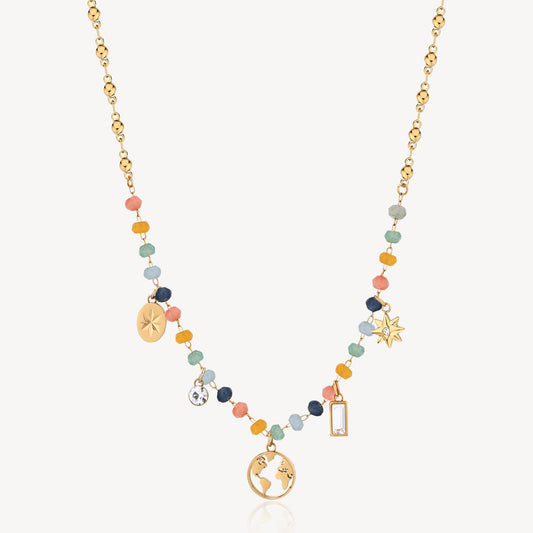 Collana girocollo in acciaio 316L e finitura pvd oro 14K con calcedonio multicolore, pendenti a forma di mondo, stella, medaglie