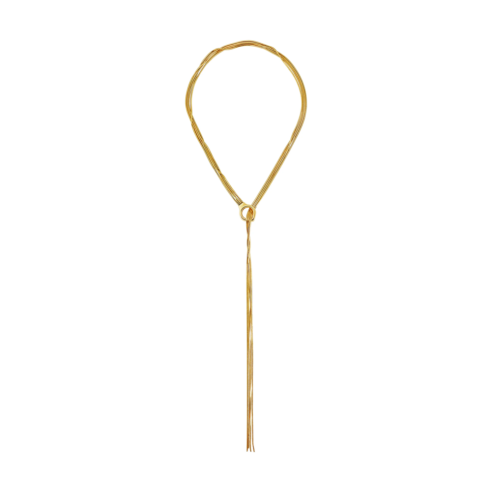 Collana a sciarpa da donna in acciaio Breil inossidabile lucido con finitura PVD oro 14K, composta da 4 catene Snake dal profilo fluido e continuo.