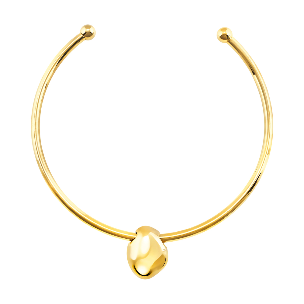 Collana rigida Petra da donna in acciaio Breil inossidabile con finitura PVD oro 14K, impreziosita da due elementi centrali removibili: uno in acciaio lucido e uno in avventurina verde naturale con taglio Breil.