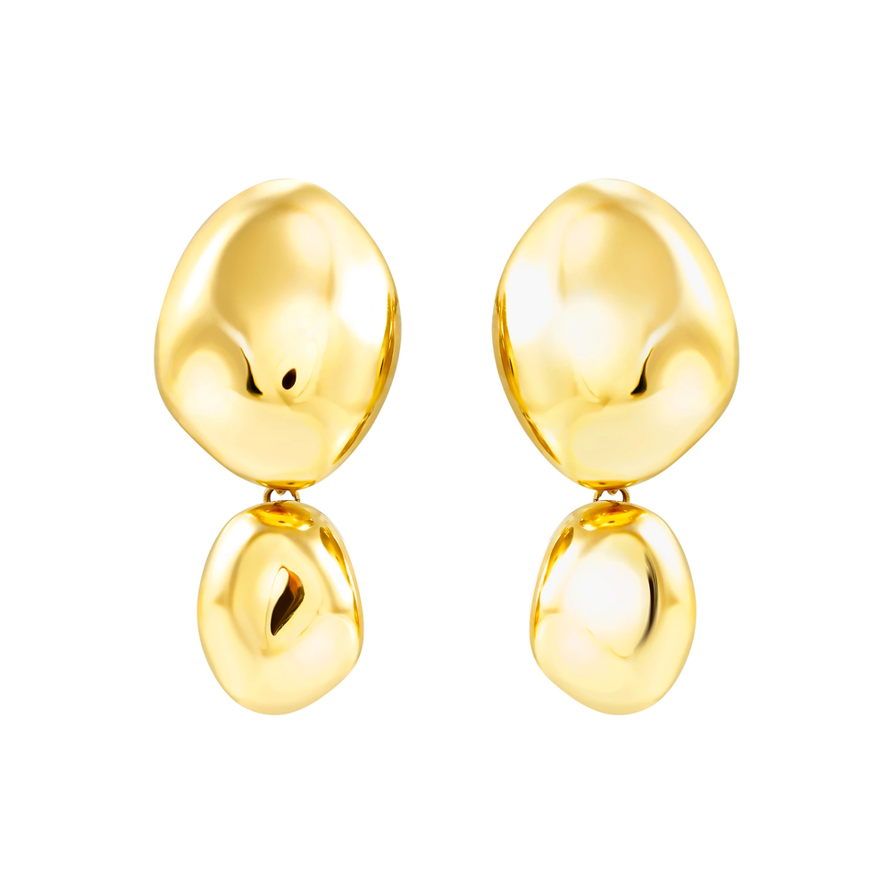 Orecchini pendenti Petra da donna in acciaio Breil inossidabile lucido con finitura PVD oro 14K, con due elementi dalle forme organiche ispirate alle pietre levigate dall'acqua.