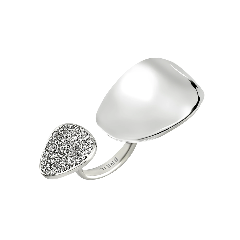 Anello B Whisper da donna in acciaio Breil inossidabile lucido, con due elementi affiancati: uno con pave' di cristalli, uno in acciaio lucido dal profilo essenziale.