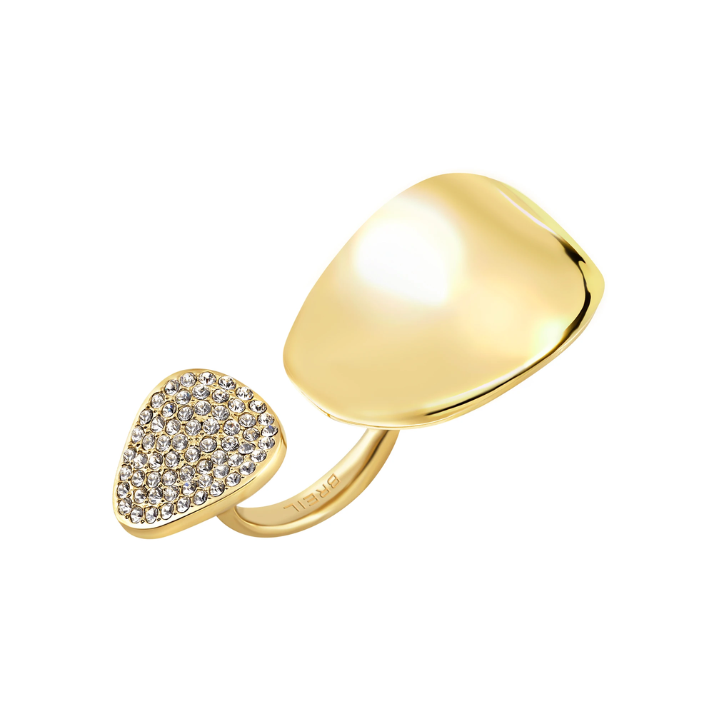 Anello B Whisper da donna in acciaio Breil inossidabile lucido con finitura PVD oro 14K, con due elementi affiancati: uno con pave' di cristalli, uno in acciaio dorato dal profilo essenziale.