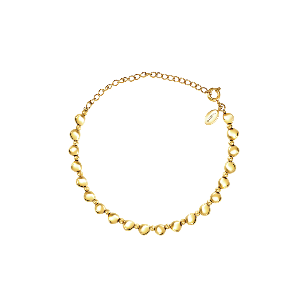 Bracciale B Rocks da donna in acciaio Breil inossidabile con finitura PVD oro 14K, con catena a microsfere ispirate all'iconico sassolino Breil e dettagli sferici che donano armonia e movimento al design.