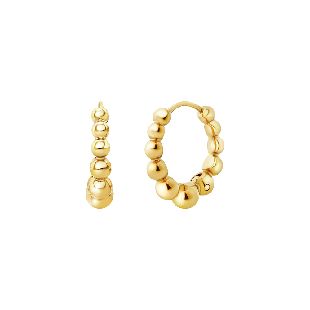 Orecchini a cerchio B Rocks da donna in acciaio Breil inossidabile lucido con finitura PVD oro 14K, con microsfere ispirate all'iconico sassolino Breil e piccoli dettagli sferici che valorizzano il design essenziale della collezione.