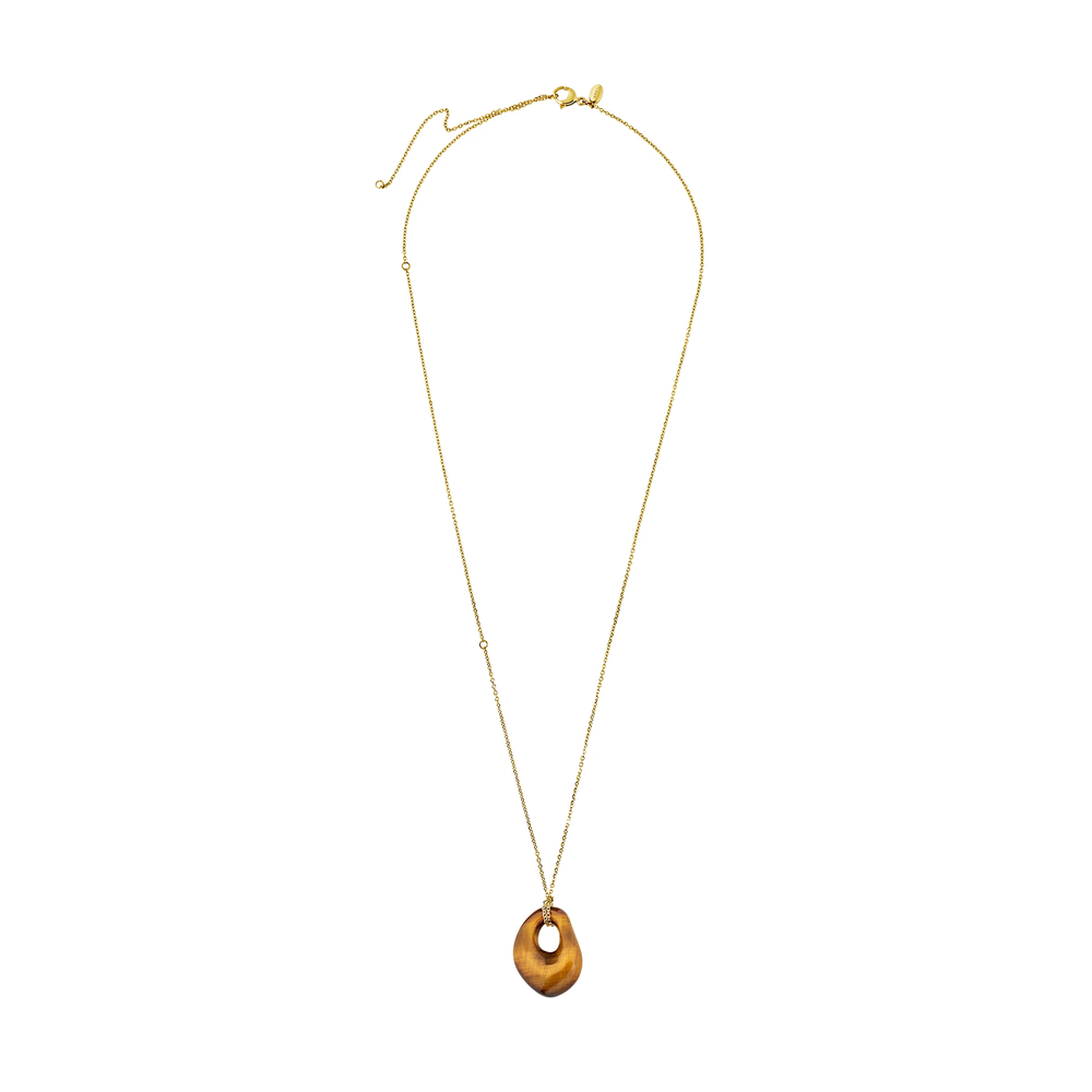 Collana B Rocks da donna in acciaio Breil inossidabile con finitura PVD oro 14K e pendente in occhio di tigre naturale, valorizzato dall'iconico taglio B Rocks.