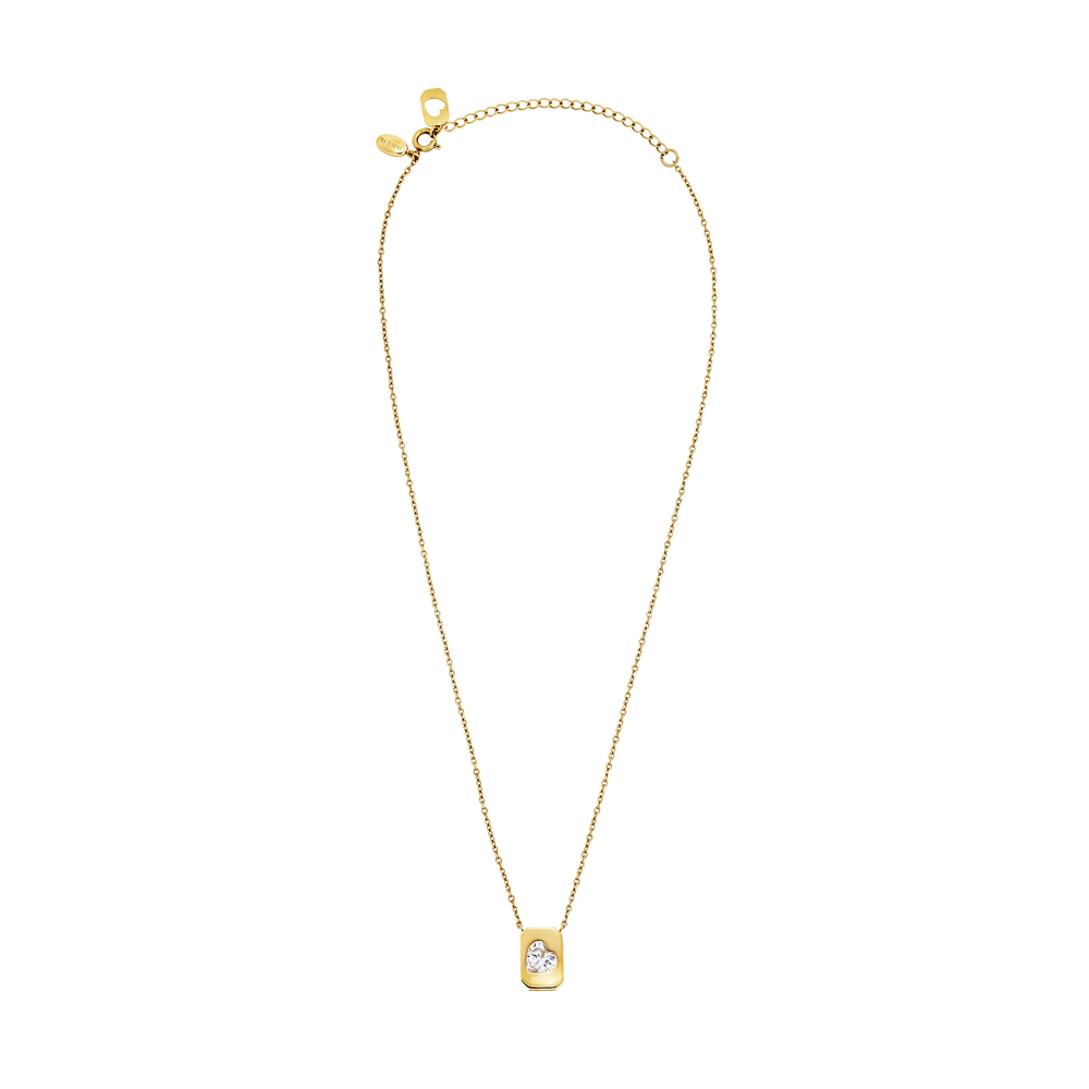 Collana Amor Lux da donna in acciaio Breil inossidabile lucido con finitura PVD oro 14K, con catena sottile e pendente ottagonale con cubic zirconia bianco dal taglio a cuore.