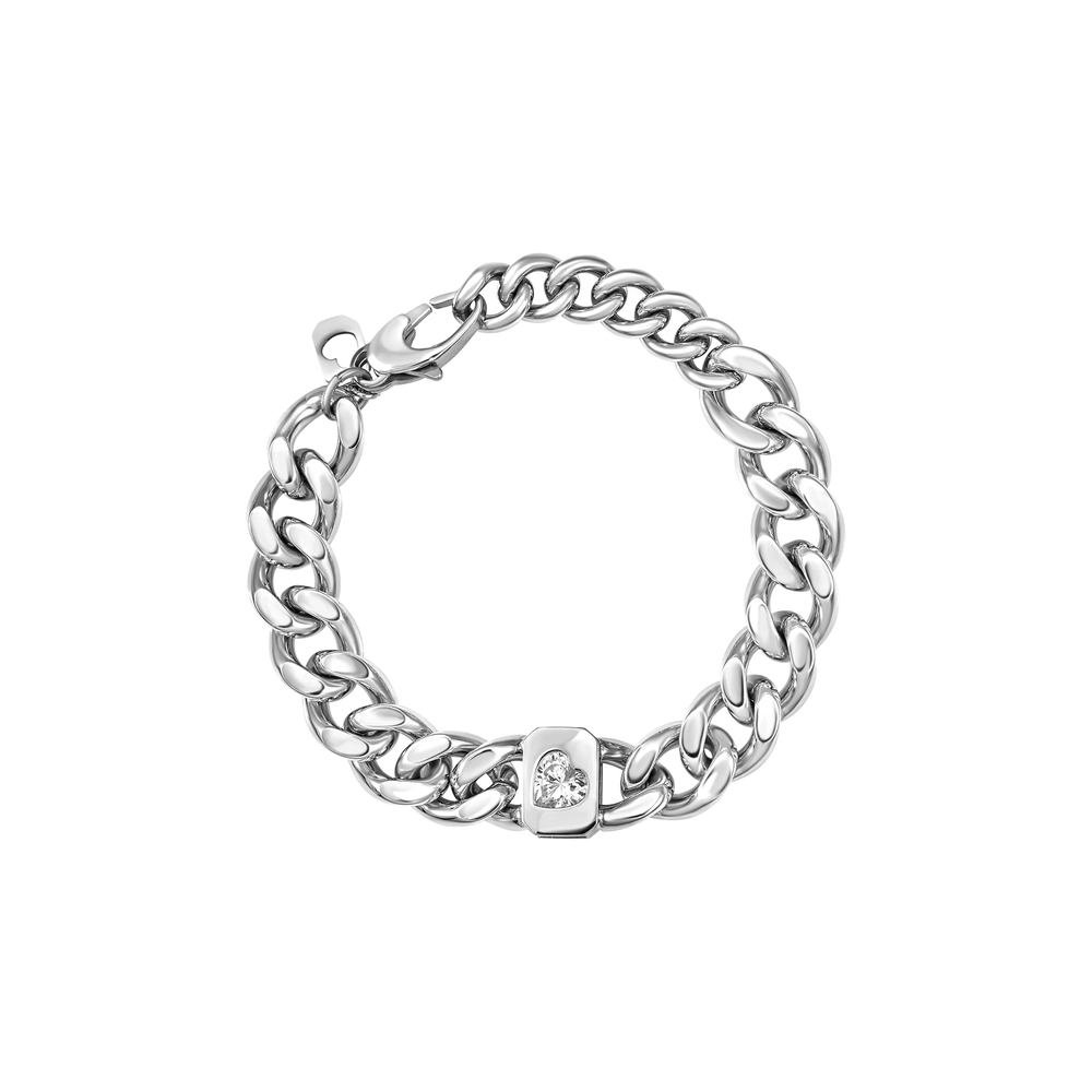 Bracciale Amor Lux da donna in acciaio Breil inossidabile lucido, con catena groumette e elemento ottagonale con cubic zirconia bianco dal taglio a cuore.