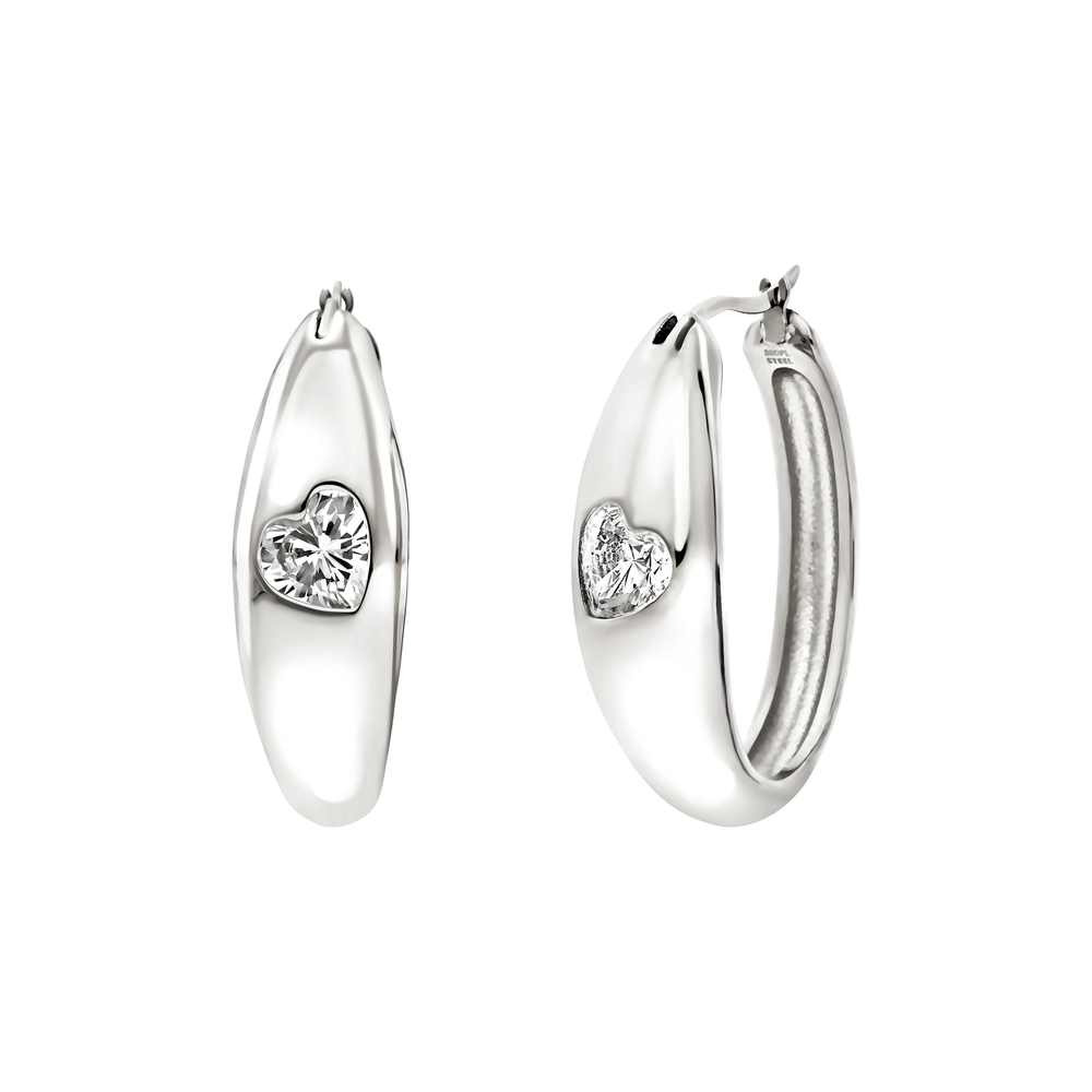 Orecchini hoop Amor Lux da donna in acciaio Breil inossidabile lucido, impreziositi da un cubic zirconia bianco con taglio a cuore.