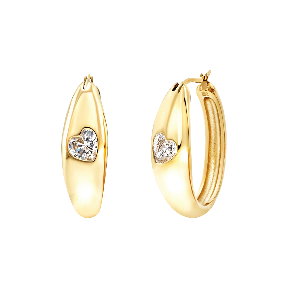 Orecchini hoop Amor Lux da donna in acciaio Breil inossidabile lucido con finitura PVD oro 14K, impreziositi da un cubic zirconia bianco con taglio a cuore.