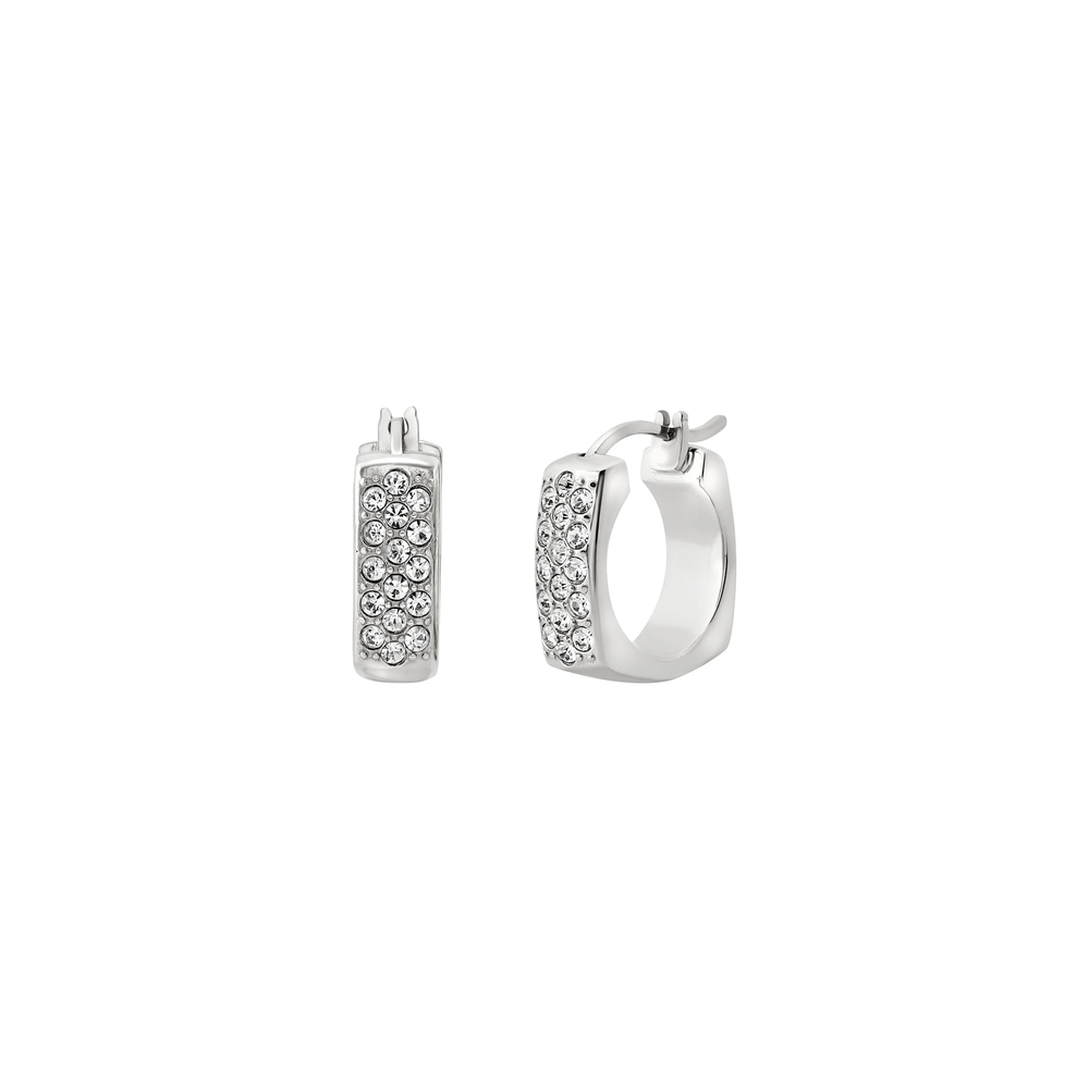 Orecchini hoop Tetra da donna in acciaio inossidabile lucido, impreziositi da un pave' di cristalli che dona luce ed eleganza al design geometrico della collezione.