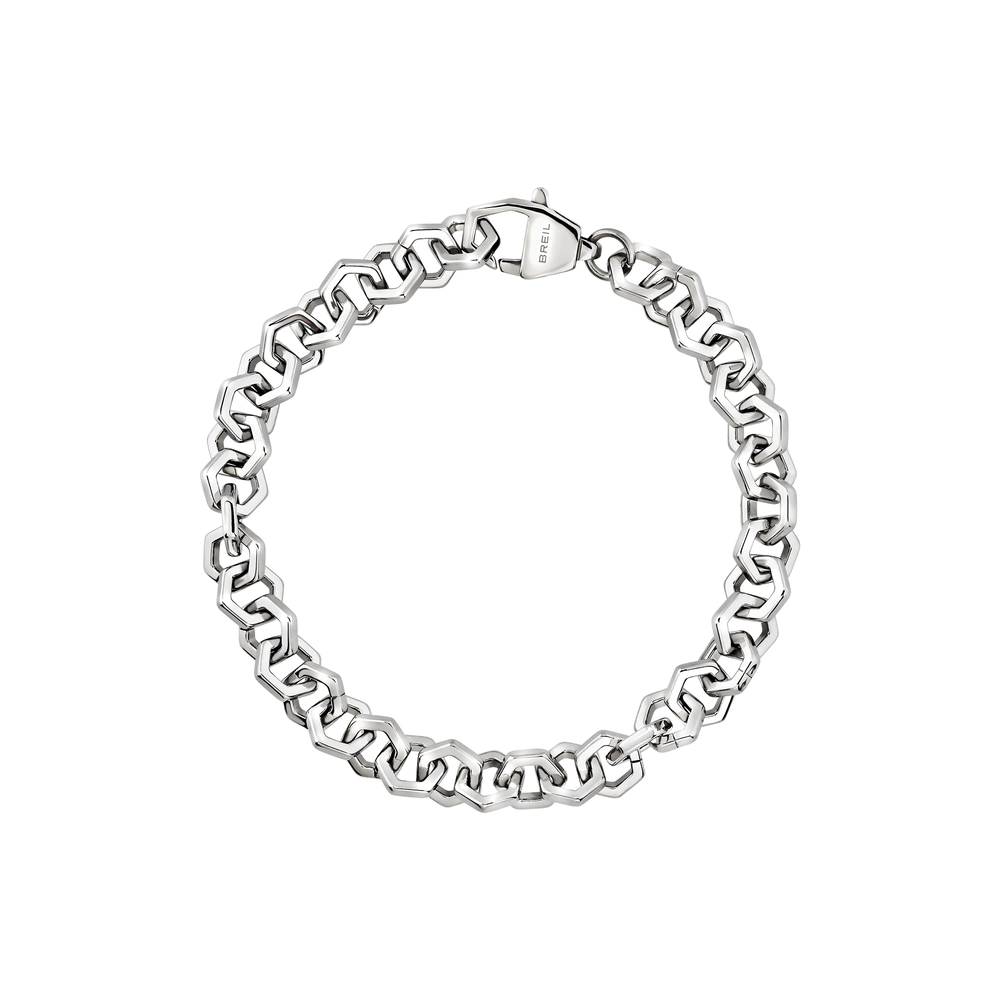 Bracciale uomo Stylize in acciaio lucido, con maglie esagonali che riprendono la geometria del pendente della collana Stylize ma senza l'agata nera, per un effetto piu' metallico e meno â€œpietra preziosaâ€.
