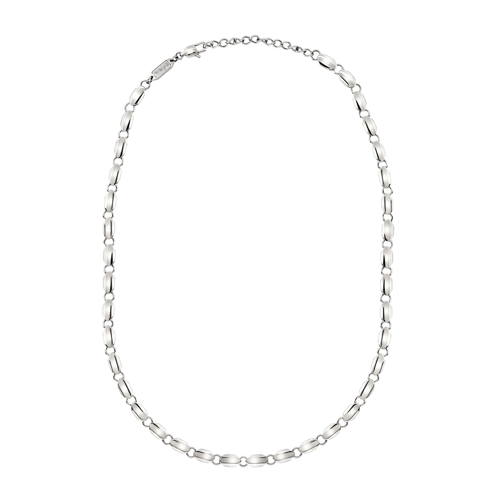 Collana uomo Nexus in acciaio inossidabile, catena composta da elementi esagonali in acciaio lucido dal disegno geometrico, ripetuti lungo tutta la lunghezza della collana.