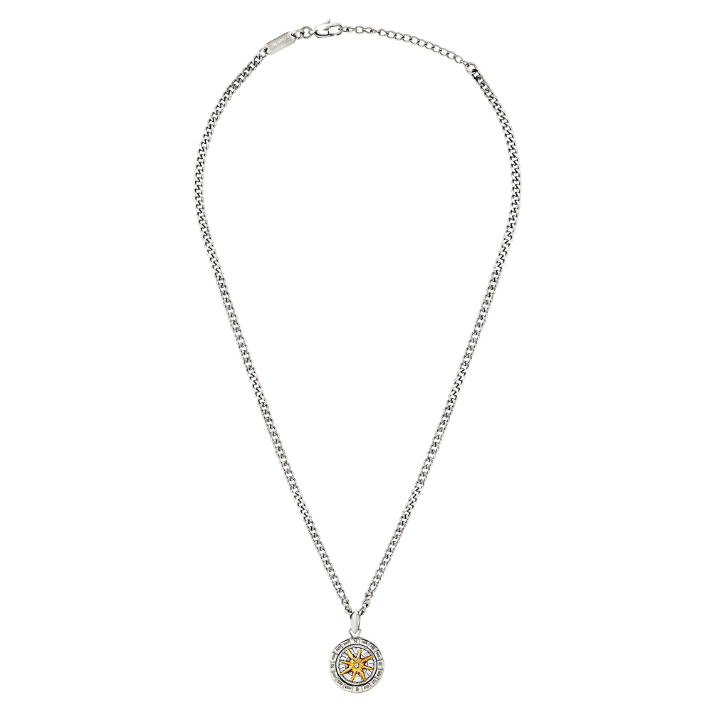 Collana uomo Primal Compass in acciaio Breil con pendente Rosa dei Venti da 2 cm, il cui elemento centrale gira su se stesso con finitura color oro e un cristallo bianco incastonato.