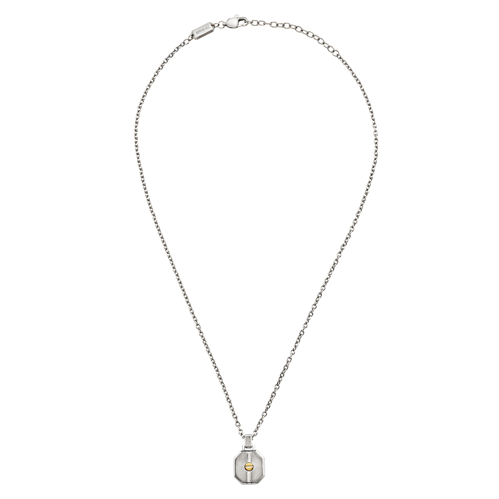 Collana uomo Duetto in acciaio Breil con pendente esagonale, che alterna superfici lucide e satinate in finitura bilux.