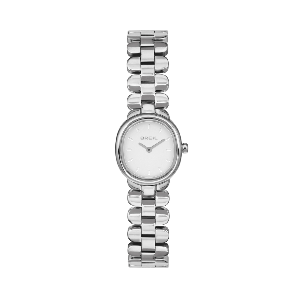 Orologio solo tempo da donna con cassa rettangolare 22 x 24 mm in acciaio lucido.