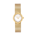 Stessa cassa romboidale e stesso pattern geometrico sul quadrante bianco della referenza Primp TW2201, qui pero' con finitura oro PVD 14K su cassa e sul bracciale a maglia mesh diamantata, che nella versione TW2201 resta in acciaio a vista.