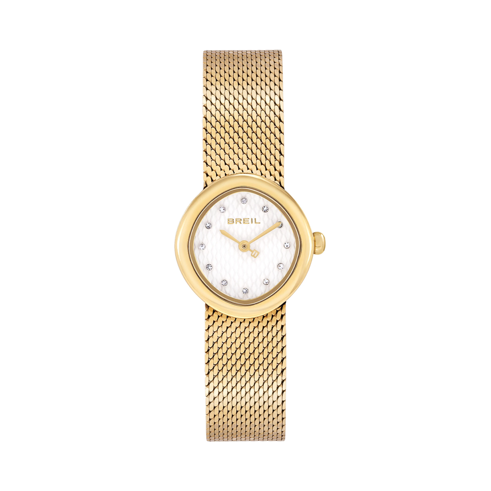 Stessa cassa romboidale e stesso pattern geometrico sul quadrante bianco della referenza Primp TW2201, qui pero' con finitura oro PVD 14K su cassa e sul bracciale a maglia mesh diamantata, che nella versione TW2201 resta in acciaio a vista.