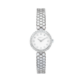 Orologio solo tempo da donna con cassa in acciaio lucido e lunetta con cristalli, che incornicia un quadrante bianco lucido arricchito da 12 cristalli agli indici e sfere silver.