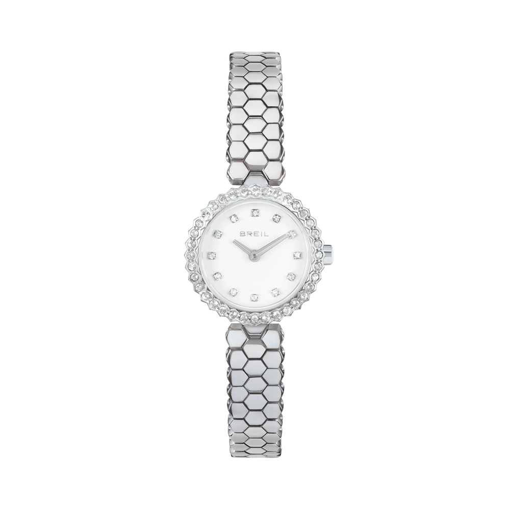Orologio solo tempo da donna con cassa in acciaio lucido e lunetta con cristalli, che incornicia un quadrante bianco lucido arricchito da 12 cristalli agli indici e sfere silver.