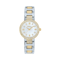 Terza variante della Dance Floor Petit, cassa e bracciale in acciaio lucido: qui il quadrante silver effetto sunray e' abbinato a indici a numeri romani gold, con cristalli su lunetta e anse.