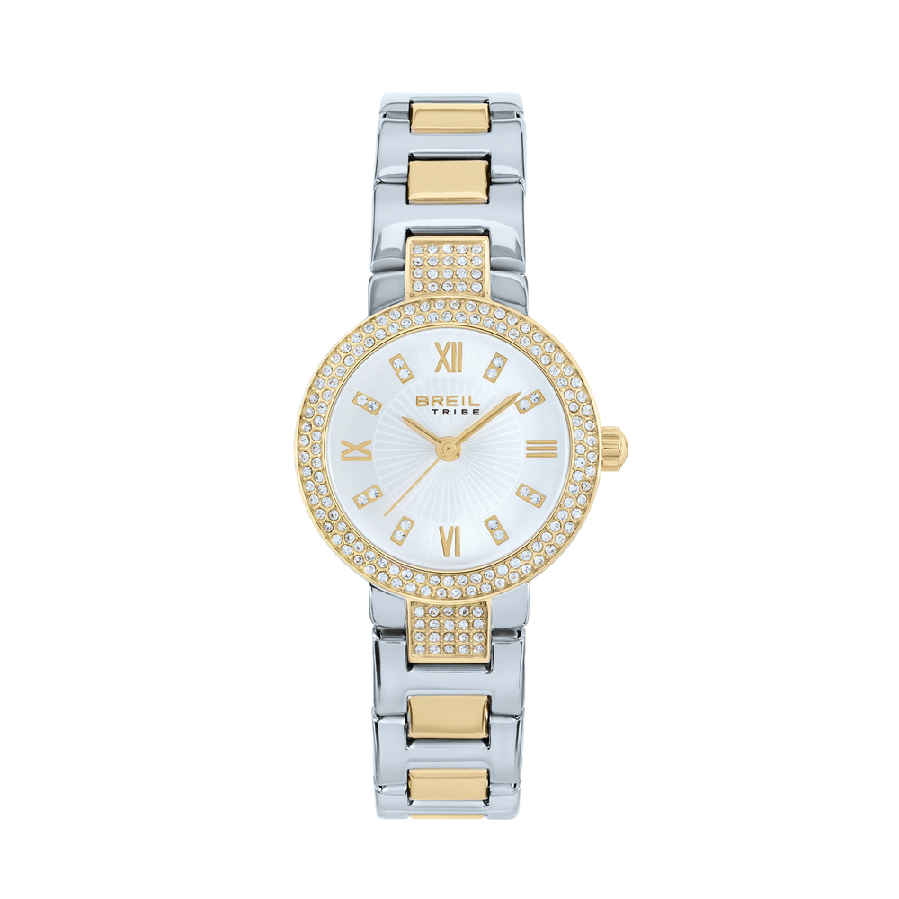 Terza variante della Dance Floor Petit, cassa e bracciale in acciaio lucido: qui il quadrante silver effetto sunray e' abbinato a indici a numeri romani gold, con cristalli su lunetta e anse.