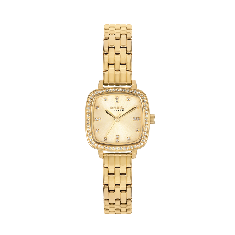 L'orologio Aurea in versione gold mantiene la stessa cassa quadrata da 23 mm della variante silver, ma con finitura PVD oro 14K su cassa e lunetta e quadrante gold effetto sunray.