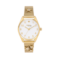 Versione gold: cassa in acciaio da 30 mm con finitura PVD oro 14K e bracciale in maglia mesh dello stesso colore.