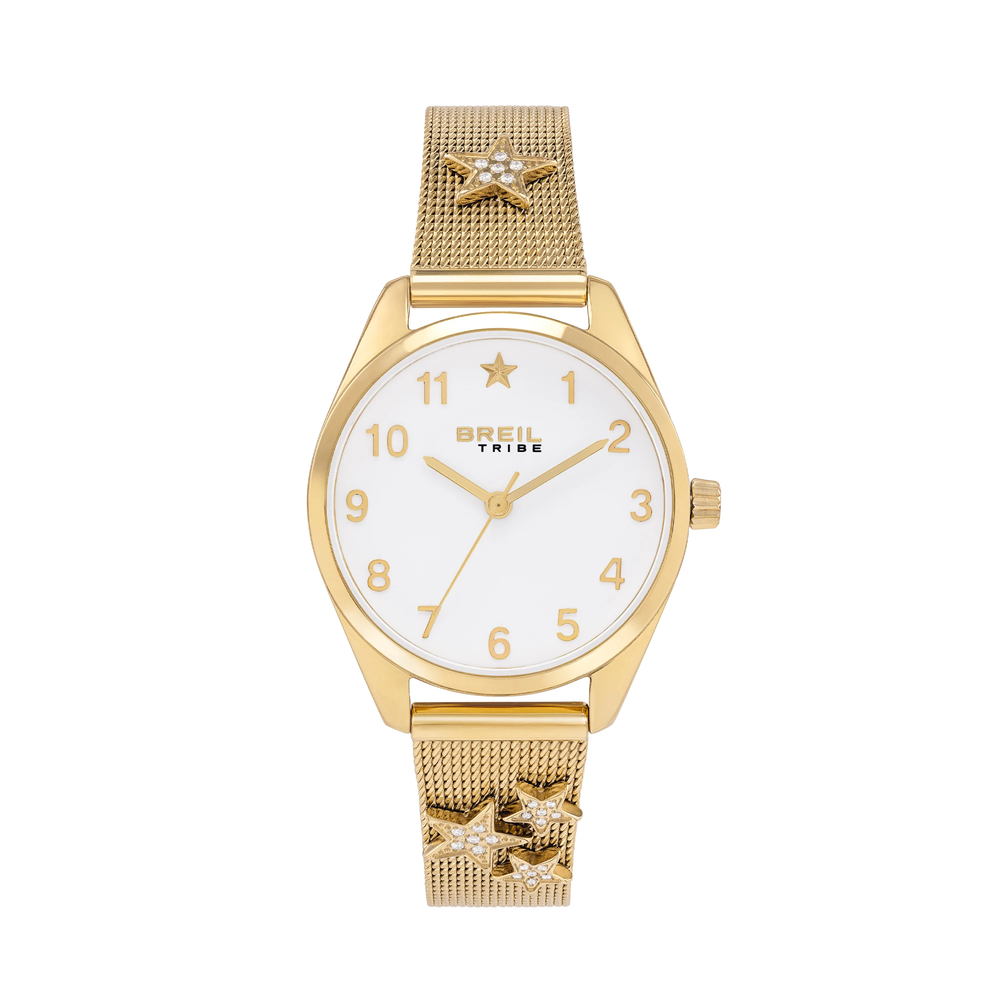 Versione gold: cassa in acciaio da 30 mm con finitura PVD oro 14K e bracciale in maglia mesh dello stesso colore.