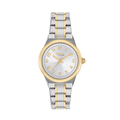 Terza variante della collezione Fiji, questa volta senza madreperla: quadrante bianco effetto sunray e lunetta in acciaio con finitura PVD oro 14K, abbinati a un bracciale in acciaio bicolor che riprende il contrasto oro-acciaio della lunetta.