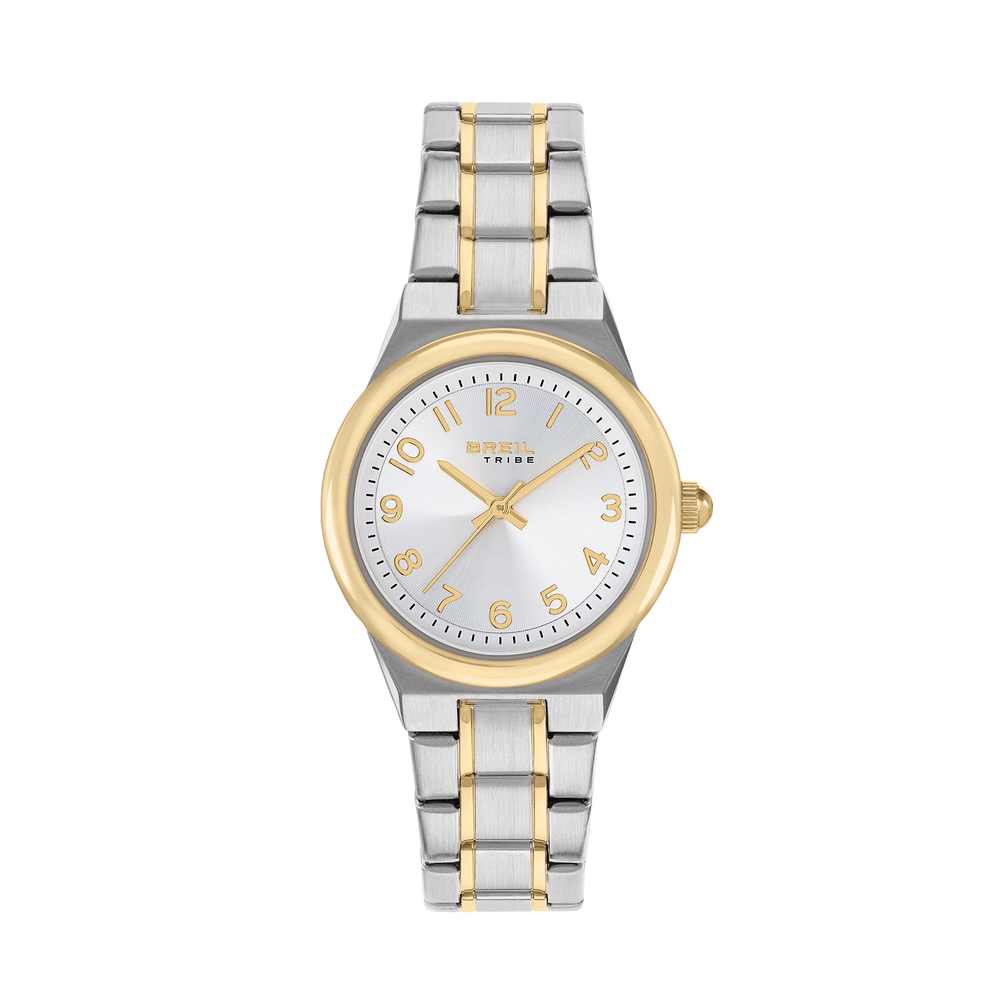 Terza variante della collezione Fiji, questa volta senza madreperla: quadrante bianco effetto sunray e lunetta in acciaio con finitura PVD oro 14K, abbinati a un bracciale in acciaio bicolor che riprende il contrasto oro-acciaio della lunetta.