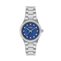 Orologio Fiji con quadrante in madreperla blu che porta la stessa cassa in acciaio da 30 mm e gli stessi indici con cristalli della versione rosa, ma con una tonalita' piu' profonda e meno delicata.
