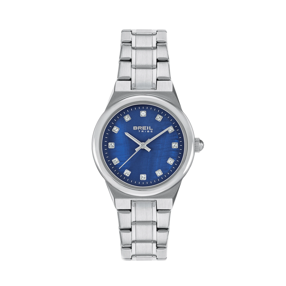Orologio Fiji con quadrante in madreperla blu che porta la stessa cassa in acciaio da 30 mm e gli stessi indici con cristalli della versione rosa, ma con una tonalita' piu' profonda e meno delicata.