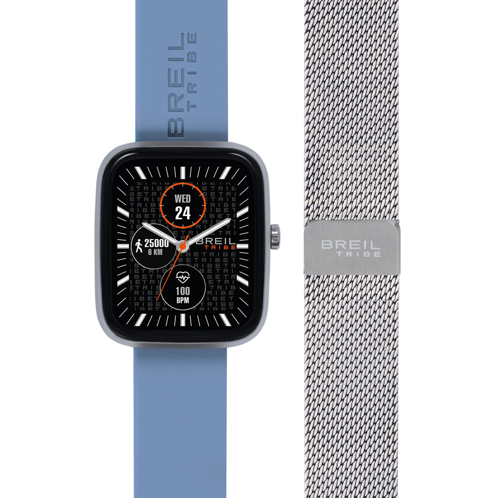 Smartwatch Breil, cassa rettangolare in ABS da 37,8 x 44,5 mm, venduto con due cinturini intercambiabili â€” silicone morbido e acciaio a maglia mesh â€” per adattarsi a momenti diversi della giornata.