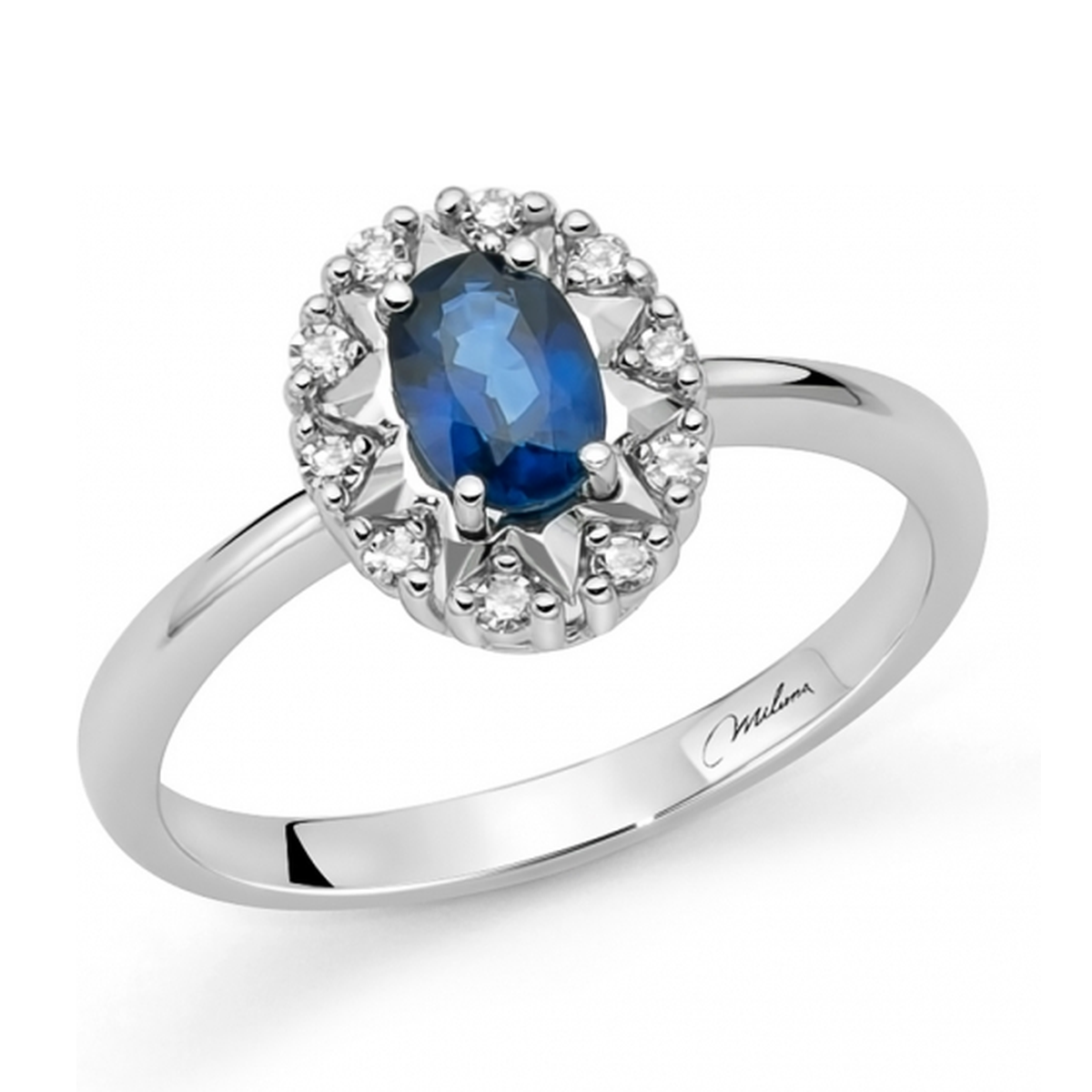 Anello Miluna in oro bianco 18 kt con zaffiro blu naturale taglio ovale e contorno di diamanti naturali.